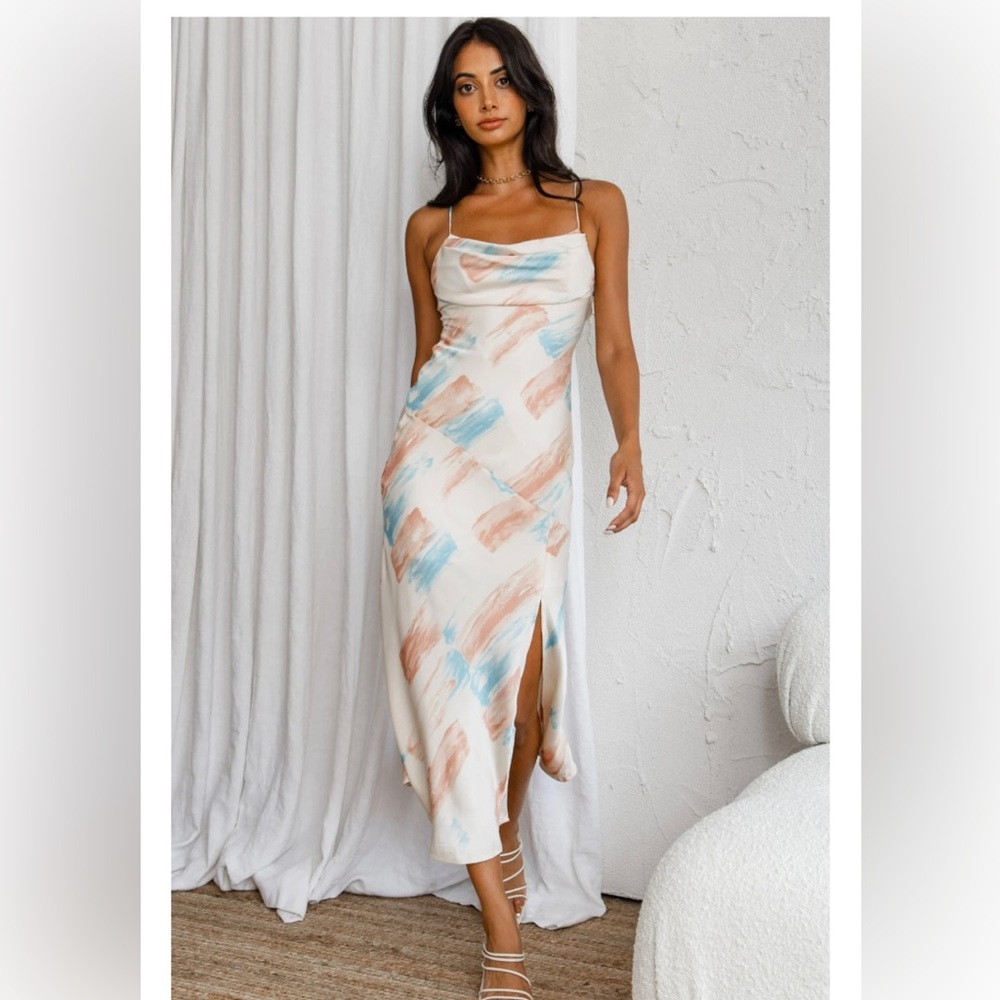 NWT SAINTS + SECRETS PLEATED BUST SLIP DRESS WHITE WITH PINK/AQUA PRINT, Small